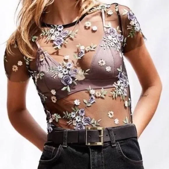 Urban Outfitters | Embroidered Sheer Mesh Shirt Boho - Picture 3 of 8
